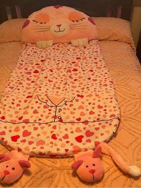 Happy Napper Plush Pink Heart-Print Kids Sleeping Bag with Animal Hood